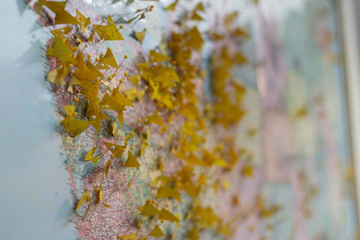 rockford blue and multicolored map with punctured pins with paper strips map